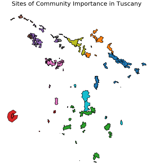 An image showing the Sites of Community Importance in Tuscany, created with GeoViews