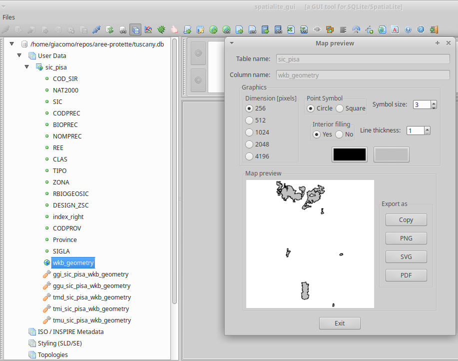 An image that shows how to preview a geometry in Spatialite GUI