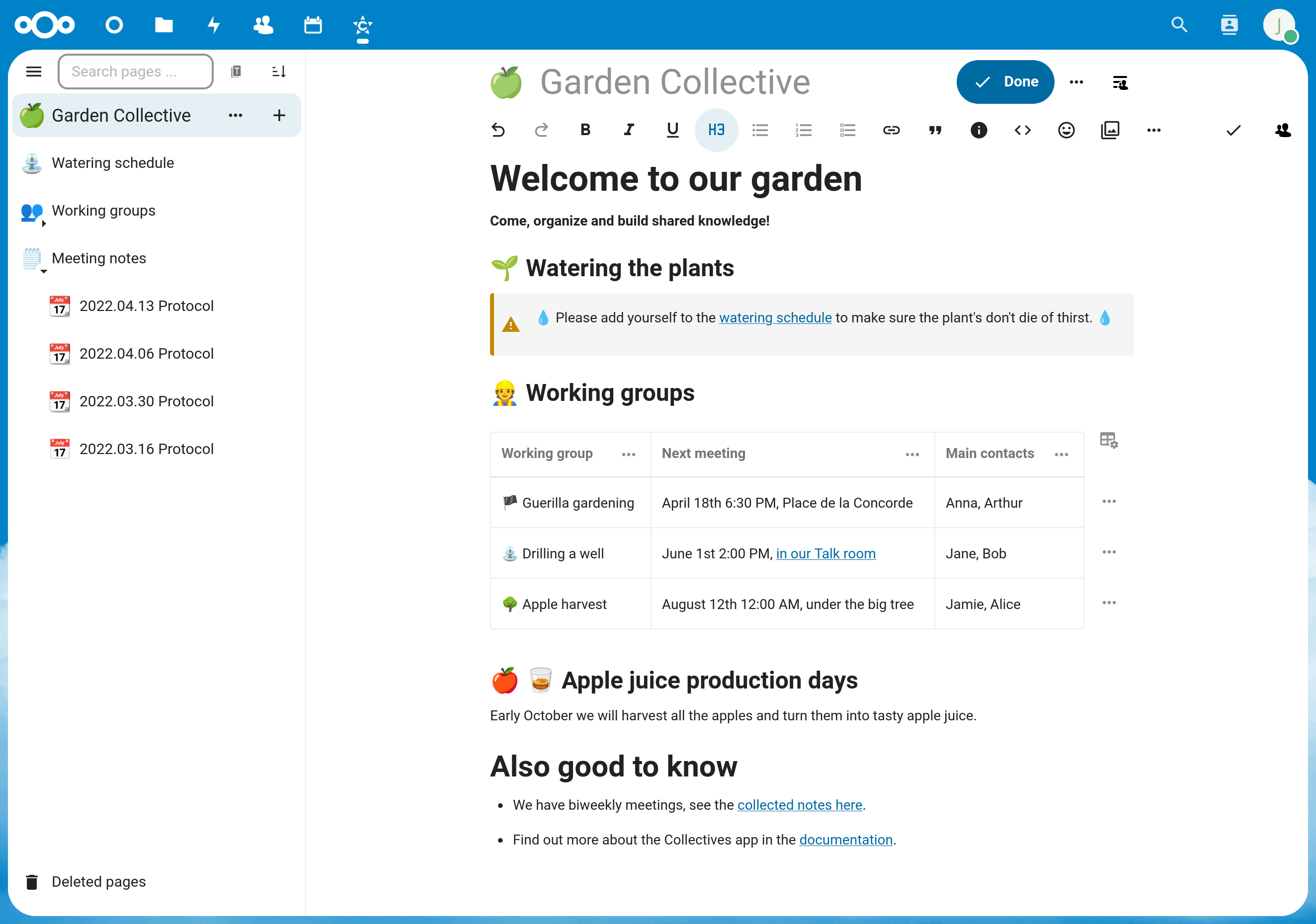 Screenshot of Nextcloud Collectives Version 0.2.1