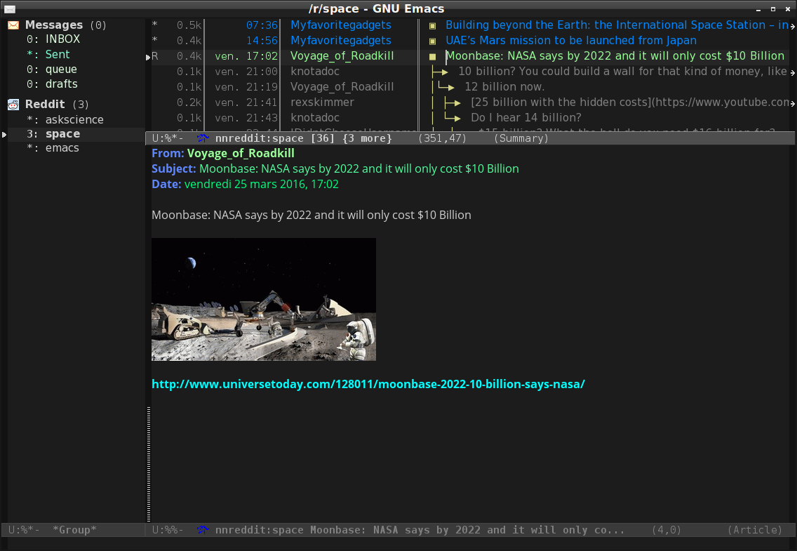 Screenshot of a Reddit link article in Gnus