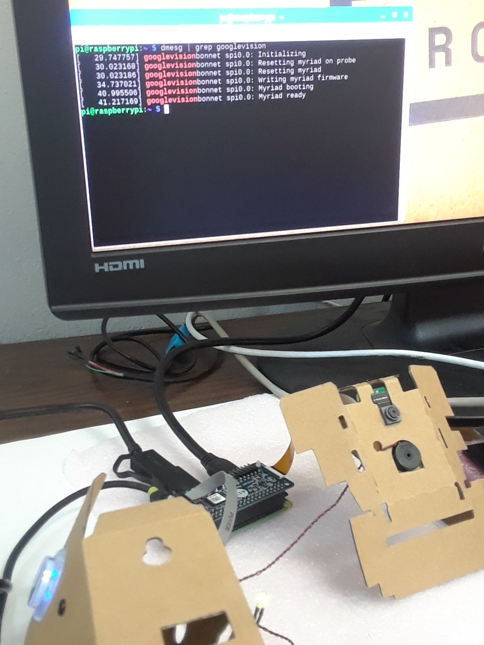 dmesg display after booting Raspberry Pi Zero W module with Movidius MA2450 module and v2 camera attached